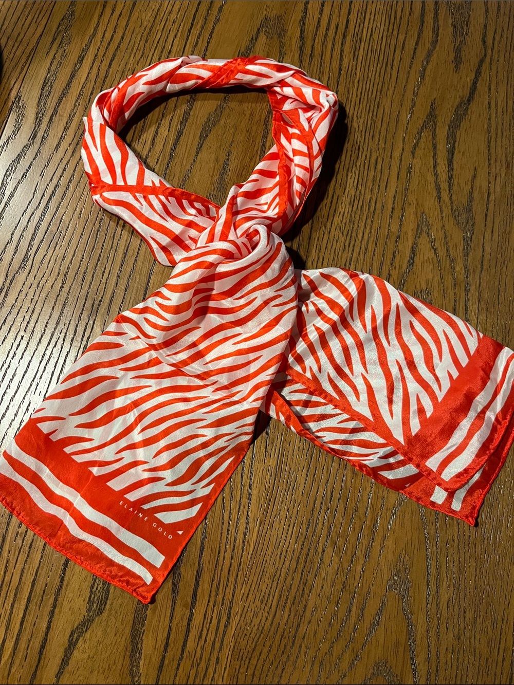 VTG Elaine Gold Silk Scarf Tomato Red White Zebra Print